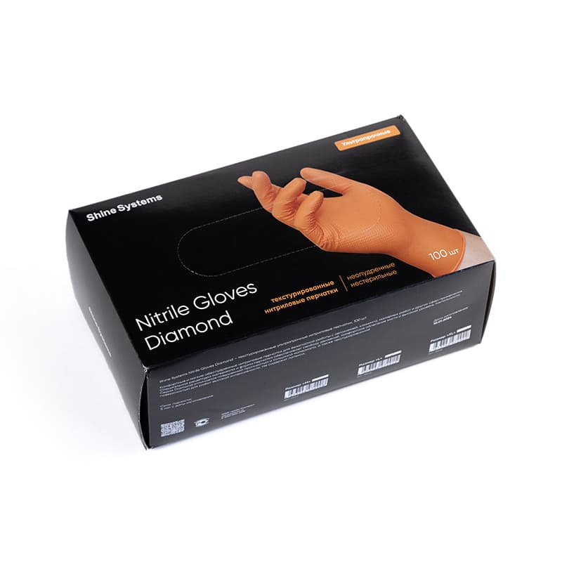 Shine Systems Nitrile Gloves Diamond - текстурированные ультрапрочные нитриловые перчатки, размер "XL", цвет оранжевый 100 шт